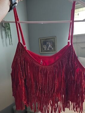 Red Fringe Crop Top with Beaded Detail